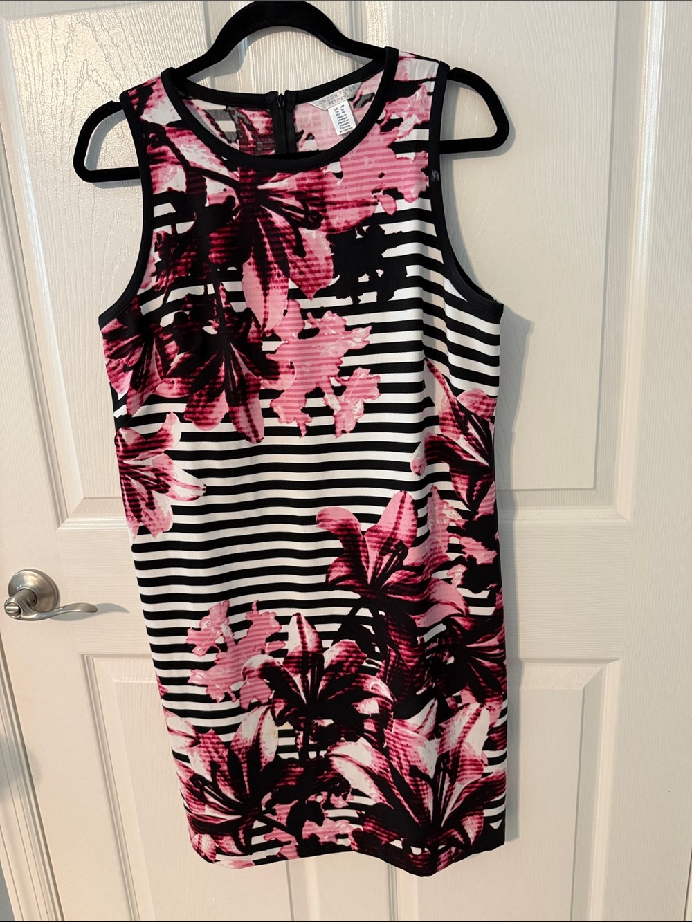 London Times Black & White Stripe Shift with Pink Floral Print